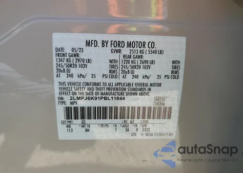 2023 Lincoln Nautilus Reserve z USA, uszkodzony, nr VIN 2LMPJ6K91PBL11844